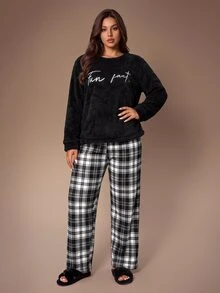 Lazeform Plus Size Casual Letter Embroidered Comfortable Plush Plaid Pajama Set 2 Pieces - Black - View 7