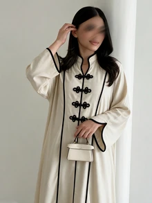 Al Najma Women's Apricot Colorblock Stand Collar Loose Fit Contrast Trim Long Sleeve Frog Button Romantic Elegant Plus Size Dress - Apricot - View 4