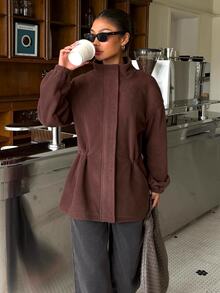 Muchica Women's Autumn/Winter New Brown Fleece Waist-Cinching Casual Jacket - Brown - View 5
