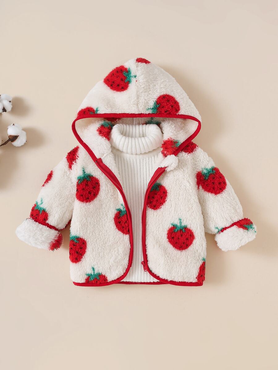SHEIN Baby Girl Knitted Cute Strawberry Pattern Faux Fur Hooded Jacket, Suitable For Autumn/Winter, Casual Fashion - Multicolor - View 1