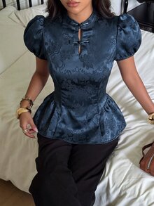 Siren Gaze 女款旗袍領襯衫，新中式風格，泡泡袖，印花圖案，休閒時尚，創意個性化 - 藍色 - 查看 6