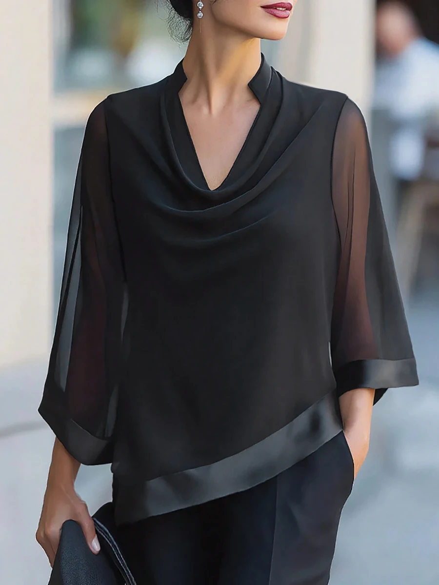 EMERY ROSE Women's Plus Size V-Neck Simple Elegant Blouse Suitable For Dating, Vacation, Party, Daily Wear, Gathering, Outdoor Activities - Black - View 1