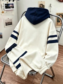 Daypath 男士 2 件組 23 號圖案連帽衛衣與慢跑長褲套裝，條紋休閒運動服，適合學生、學校、街頭穿搭，秋冬外出 - 彩色 - 查看 2