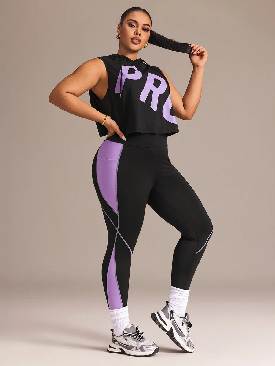 SHEIN Rhythm Era Women's Sports Yoga Outdoor Gym Workout Set Drawstring Hooded Sleeveless Loose Sweatshirt With Curved Chest Colorblock Design And Tight Leggings With Line And Colorblock Contrast - Multicolor - View 1