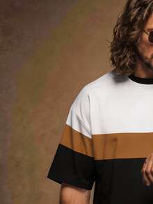 Fenqiro Men's Striped Colorblock Short Sleeve T-Shirt And Letter Print Shorts Set - Multicolor - View 4