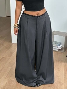 Coolane 女款大尺碼秋冬正式優雅通勤晚宴日常休閒寬鬆蕾絲百褶彈性腰帶灰色香蕉褲 - 深灰色 - 查看 5