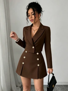 Fine & Folde Lapel Neck Double Breasted Blazer & Skirt Suit Set - Brown - View 8