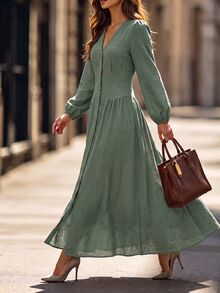 Editum Women's Elegant Button Pleated Waist Long Sleeve Dress - Dark Green - View 3