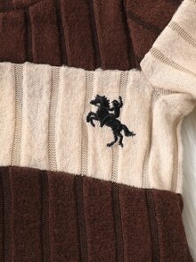 SHEIN 2件組新生兒男嬰中性毛衣褲子套裝 學院風棕色馬刺繡 羅紋長袖圓領 生日冬季秋季休閒服飾 - 棕色 - 查看 6