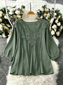 SHEIN LUNE CURVE Plus Size Women's Lace Collar Design Shirt, Fashionable Minimalist Casual Elegant Lazy Vacation Women's Clothing - Army Green - View 6