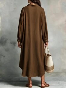 EMERY ROSE Camisa larga de talla grande con botones delanteros de unicolor para otoño - Café integral - Ver 2