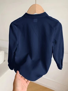 SHEIN 兒童青少年男孩秋冬服飾上衣襯衫，白色立領長袖梭織襯衫 - 藏蓝色 - 查看 2