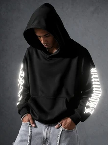Manfinity EMRG Reflective Graphic Black Polyester Hoodie With Long Sleeves For Fall And Winter Streetwear - Black - View 4