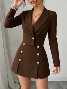 Fine & Folde Lapel Neck Double Breasted Blazer & Skirt Suit Set - Brown - View 2
