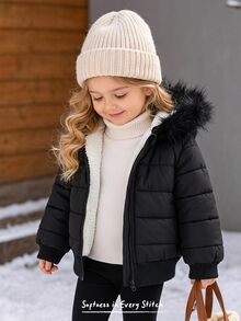 SHEIN 女嬰人造毛飾邊連帽長袖厚棉外套，適合滑雪、戶外、徒步、出遊、度假及各種場合，休閒百搭時尚 - 黑色 - 查看 2