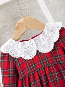 SHEIN Baby Girl Red Plaid Cute Peter Pan Collar Romper,Christmas,New Fall Styles, Christmas - Multicolor - View 3