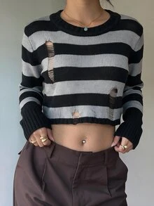 SHEIN EZwear 條紋復古風喇叭袖針織衫 秋冬款 - 黑色 - 查看 1
