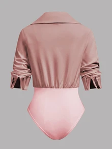 SHEIN LUNE Bodysuit Putih 2 in 1, Atasan Tank Top Lengan Panjang Berkerah V-Neck dengan Motif Patchwork dan Potongan Slim Fit - Berwarna merah muda - View 2