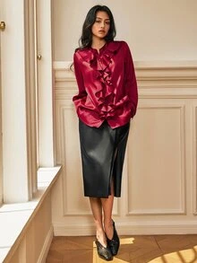 Écloséra Blus Lengan Panjang Elegan Berkerut Satin Warna Polos Gaya Eropa & Amerika Musim Semi/Panas Terbaru, Serbaguna untuk Aktivitas Komuter - Burgundy - View 6