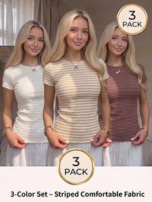 CovetEZ Women's Multi-Color Brown & Apricot Casual Long Sleeve T-Shirt, Autumn/Winter - Multicolor - View 3