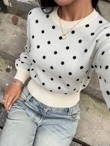 Dulcita Women's Casual Round Neck Polka Dot Long Sleeve Sweater - White - View 5