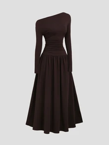 Sweetra New Elegant Asymmetrical Shoulder Waist-Flattering Slimming Long Sleeve Umbrella Hem Commuter Street Daily Fashion Coffee Long Dress - Coffee Brown - View 1
