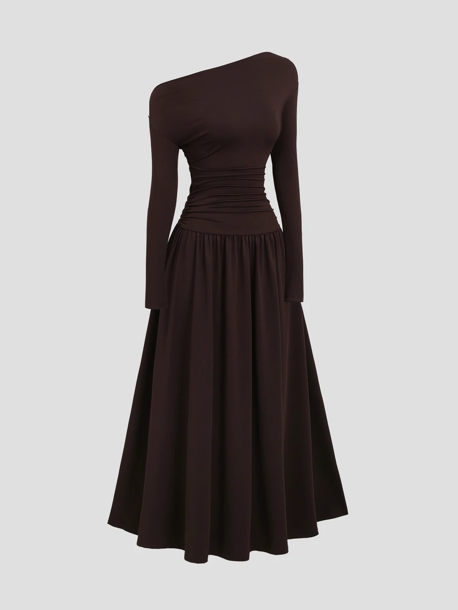 Sweetra New Elegant Asymmetrical Shoulder Waist-Flattering Slimming Long Sleeve Umbrella Hem Commuter Street Daily Fashion Coffee Long Dress - Coffee Brown - View 1