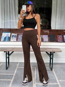 SHEIN EZwear 女款休閒秋冬咖啡棕針織修身喇叭褲 - 棕色 - 查看 5