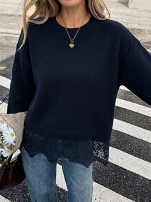 Serisse 女款圓領長袖蕾絲拼接純色休閒針織衫，適合約會與日常穿著，黑色，秋季 - 藏蓝色 - 查看 4