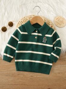 SHEIN Sweater Bayi Laki-laki Gaya Preppy Musim Gugur/Dingin, Lucu, Serbaguna, Motif Kartun Bergaris, Sweater Berkerah, Sweater Lucu, Sweater Bayi, Sweater Bergaris - MultiWarna - View 3