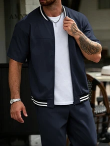 Manfinity CasualCool Men's Zipper Short Sleeve Contrast Color Shirt And Long Pants Set - Navy Blue - View 4