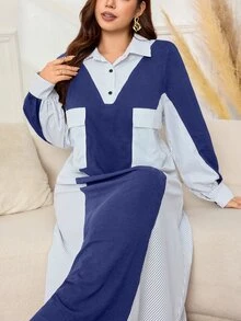 Lacomfia Plus Size Women's Patchwork Striped Utility Pocket Casual Loose Shirt Dress - Blue - View 8
