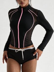 SHEIN Dewbera Women's Colorblock Zipper Casual Daily Outdoor Sports Jacket - Black - View 6