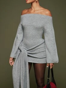 Hauture Grey Off-Shoulder Flared Long Sleeve Knit Dress With Tie-Up Ruched Waist And Bodycon Mini Dress, Date Night Outfit - Grey - View 6