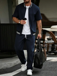 Manfinity CasualCool Men's Zipper Short Sleeve Contrast Color Shirt And Long Pants Set - Navy Blue - View 3