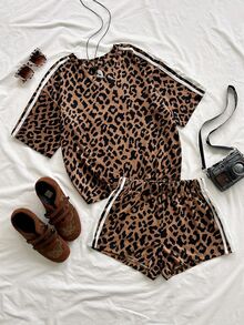 Soleia Women's Round Neck Short Sleeve Leopard Print Top And Shorts 2 Pieces Set - Multicolor - View 6