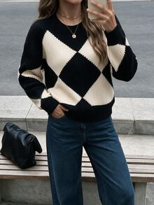 Autumina Women's Colorblock Large Rhombus Pattern Sweater, Suitable For Dating, Vacation, Party, Daily Wear, Gathering, Outdoor Activities - Multicolor - View 7