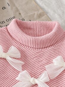 SHEIN Vintaside Kids 2件組幼女毛衣喇叭褲套裝，甜美可愛粉色網紗蝴蝶結荷葉邊長袖小立領加厚款，秋季假日派對公主芭蕾舒適羅紋針織 - 粉色 - 查看 5