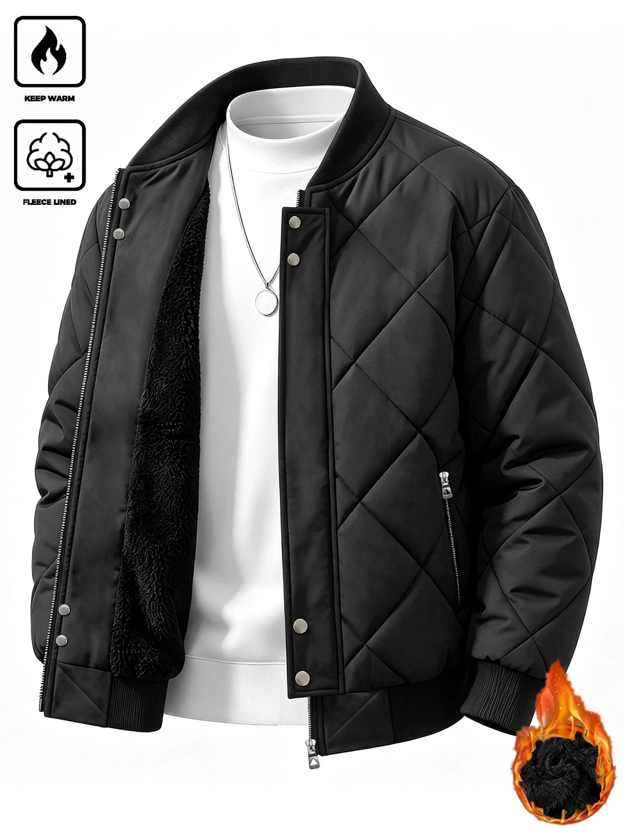 Manfinity Homme Men's Diamond Quilted Thermal Lined Baseball Collar Padded Coat, Zipper & Button Double Front Closure, Ribbed Cuffs & Hem, Autumn/Winter Daily Commute Outdoor Baseball Jacket - Black - View 1