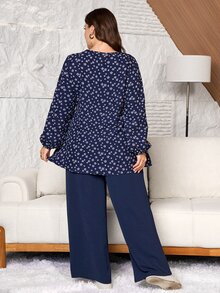 Lacomfia Random Floral Pattern Faux Embroidery Navy Blue Top With Straight Leg Pants Elastic Waist Plus Size 2 Pieces Set - Navy Blue - View 2