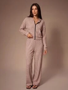 Lazeform Ultra Soft Ribbed Zipper Pocket Women's Pajama Set Hooded Casual Loungewear - Coral Pink - View 5