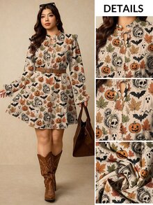 Elaquor Plus Size Autumn/Winter Full Print Ruffle Hem Dress Halloween - Multicolor - View 3