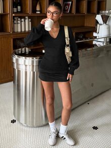 Muchica 女款休閒舒適黑色V領長袖針織衫，秋冬款 - 黑色 - 查看 6
