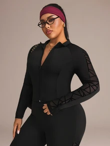 Rhythm Era Women's Plus Size Sports Tight Lifting Set, Sports Jacket With Mesh Patchwork Geometric Pattern And Yoga Pants, Suitable For Sports, Daily Wear, Yoga, Running - Black - View 6