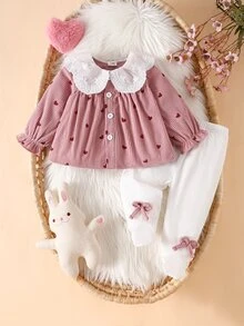 SHEIN 3pcs Baby Girls Top Leggings Set Cute Sweet Pink White Heart Print Lace Bow Ribbed Long Sleeve Peter Pan Collar Regular Party Fall Button - Baby Pink - View 3