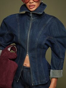 Hauture Women's High Neck Zipper Streetwear Denim Jacket - Dark Wash - View 5