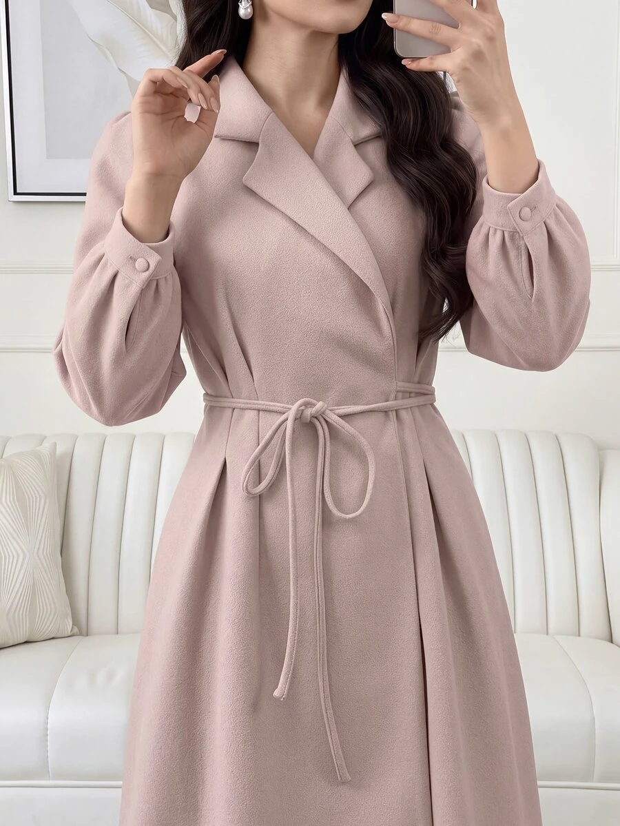 Feyla Women's Sweet Lapel Long Sleeve Dress For Vacation And Dating - Pink - View 1