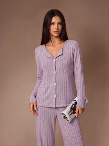 Lazeform Women's Knit Ribbed Brushed Fabric Minimalist Casual Fashion Open Front Long Sleeve Long Pants Spring Autumn Winter Wearable Pajama Set - Mauve Purple - View 4