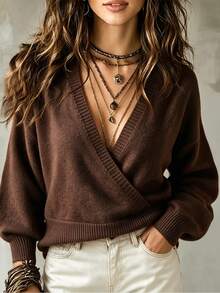 SHEIN Wrap‑Front V‑Neck Lantern Long Sleeve Cropped Knit Sweater, Solid Knit Top For Women - Coffee Brown - View 1