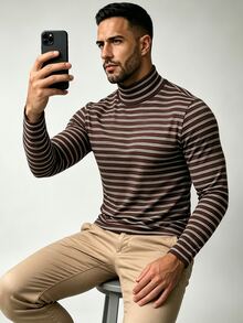 TONEVAULT Men's Casual Striped Slim Fit Long Sleeve Turtleneck T-Shirt - Coffee Brown - View 8